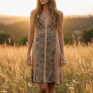 Gardenbelle Shop Yellow Embroidered Patchwork Sundress Boho Hippie Fairy
